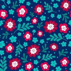 Medium Scale Red Aqua Turquoise Blue Fun Floral on Navy