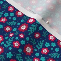Small Scale Red Aqua Turquoise Blue Fun Floral on Navy