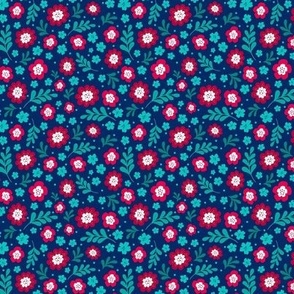 Small Scale Red Aqua Turquoise Blue Fun Floral on Navy