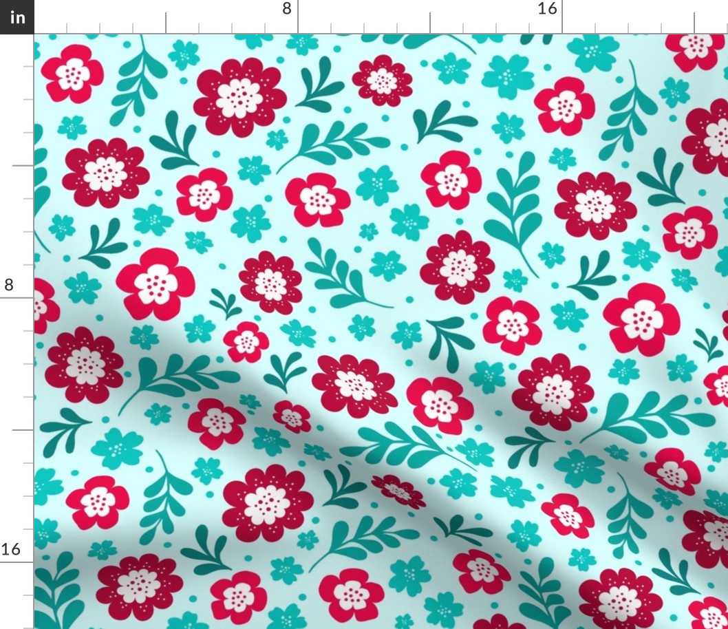 Large Scale Red Turquoise Blue Fun Floral on Aqua