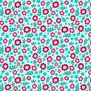 Small Scale Red Turquoise Blue Fun Floral on Aqua