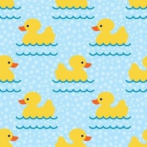 Medium Scale Yellow Rubber Duckies and Bubbles on Blue