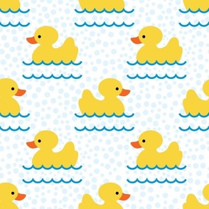Large Scale Yellow Rubber Duckies and Bubbles on White