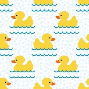 Medium Scale Yellow Rubber Duckies and Bubbles on White