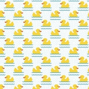 Small Scale Yellow Rubber Duckies and Bubbles on White