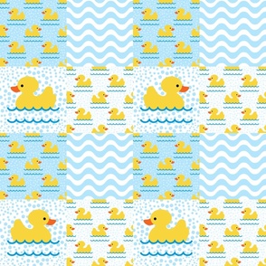 Bigger Scale Patchwork 6" Cheater Quilt or Blanket Yellow Rubber Duckies Bubbles and Wavy Stripes