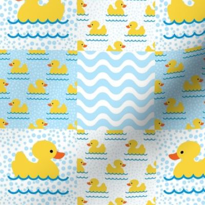 Smaller Scale Patchwork 3" Cheater Quilt or Blanket Yellow Rubber Duckies Bubbles and Wavy Stripes