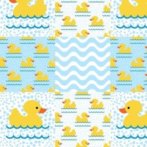 Smaller Scale Patchwork 3" Cheater Quilt or Blanket Yellow Rubber Duckies Bubbles and Wavy Stripes