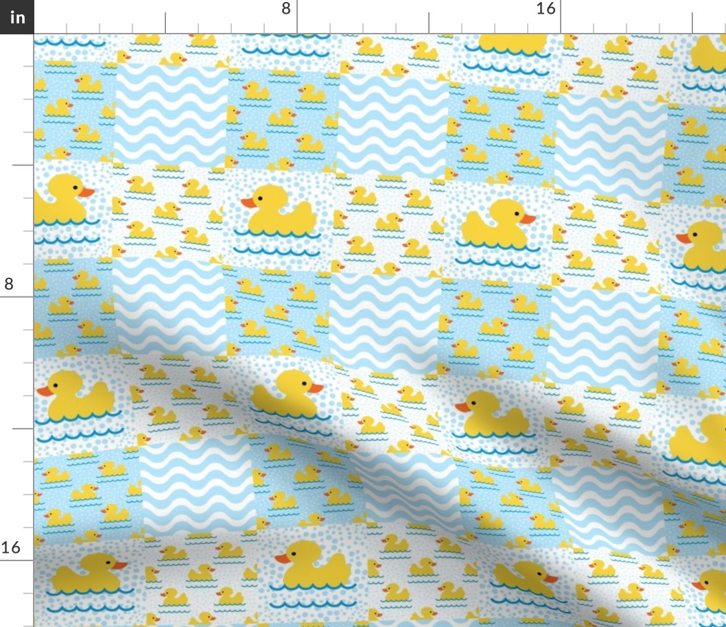 Smaller Scale Patchwork 3" Cheater Quilt or Blanket Yellow Rubber Duckies Bubbles and Wavy Stripes