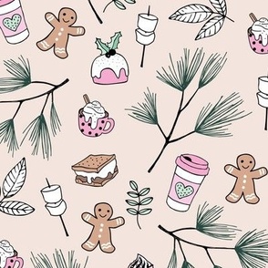 Boho Christmas camping smores pine needle branches leaves holiday snacks  and drinks winter market mint pink on sand