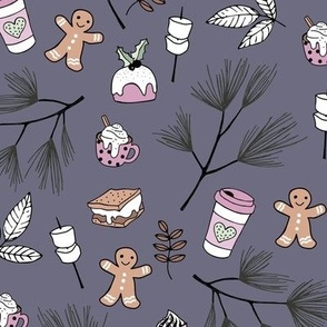 Boho Christmas camping smores pine needle branches leaves holiday snacks  and drinks winter market mint pink on purple