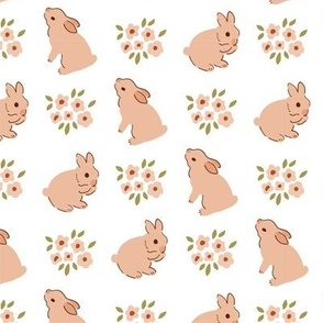 Rabbit bunny and pastel beige flowers. Easter spring baby rabbit