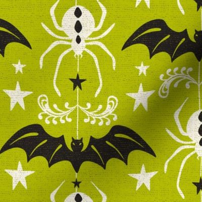 Night Creatures - Halloween Bats and Spiders Lime Green Ivory Large Scale