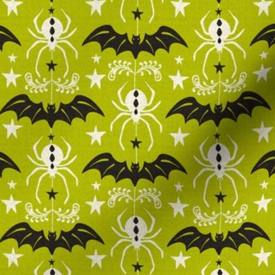 Night Creatures - Halloween Bats and Spiders Lime Green Ivory Regular Scale