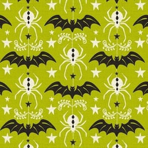 Night Creatures - Halloween Bats and Spiders Lime Green Ivory Regular Scale