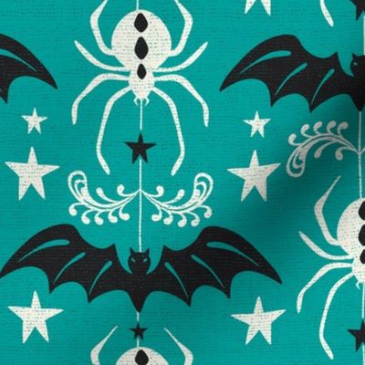 Night Creatures - Halloween Bats and Spiders Teal Ivory Large Scale
