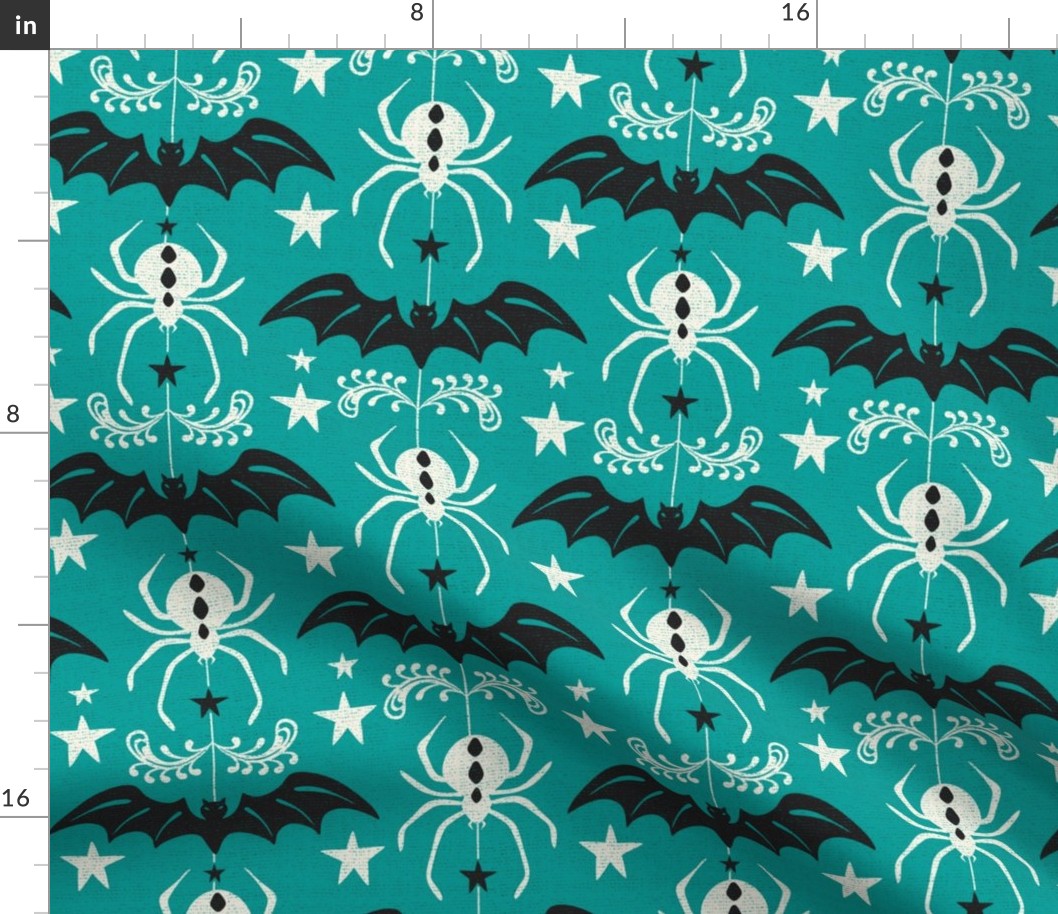 Night Creatures - Halloween Bats and Spiders Teal Ivory Large Scale