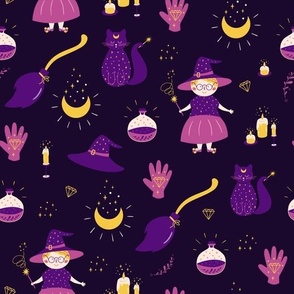 Cute witchcraft. Halloween witch, cat and poison bottle