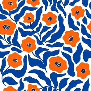 Blue Matisse inspired botanical leaves shape and abstract red flowers