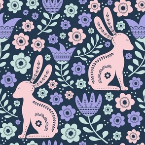 Large Scale Easter Folk Flowers and Bunny Rabbits Spring Scandi Floral on Navy