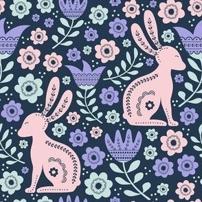 Medium Scale Easter Folk Flowers and Bunny Rabbits Spring Scandi floral on Navy