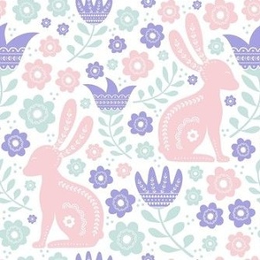 Medium Scale Easter Folk Flowers and Bunny Rabbits Spring Scandi floral on White