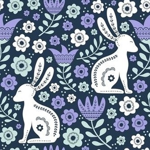 Medium Scale Easter Folk Flowers and Bunny Rabbits Spring Scandi floral on Navy