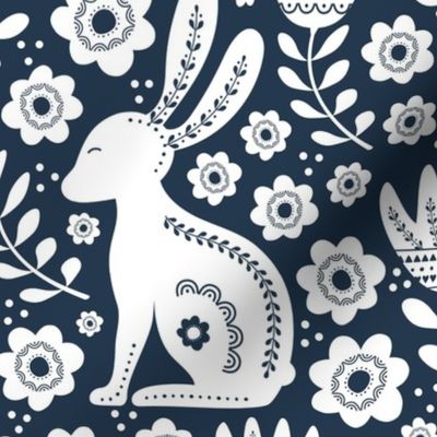 Large Scale Easter Folk Flowers and Bunny Rabbits Spring Scandi Floral White on Navy