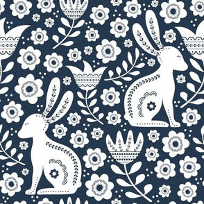 Large Scale Easter Folk Flowers and Bunny Rabbits Spring Scandi Floral White on Navy