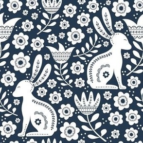 Medium Scale Easter Folk Flowers and Bunny Rabbits Spring Scandi Floral White on Navy