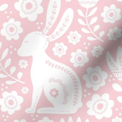 Large Scale Easter Folk Flowers and Bunny Rabbits Spring Scandi Floral White on Cotton Candy Pink
