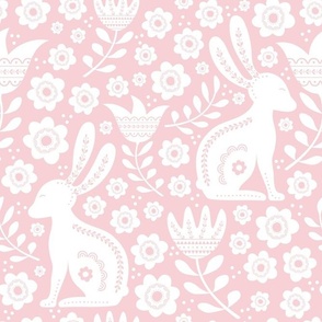 Large Scale Easter Folk Flowers and Bunny Rabbits Spring Scandi Floral White on Cotton Candy Pink