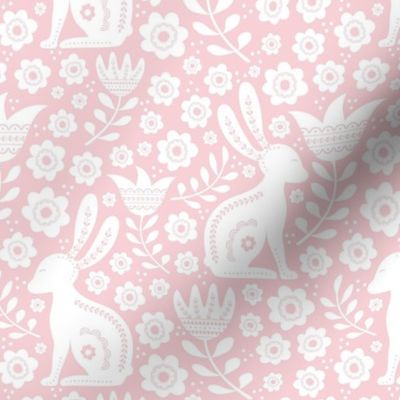 Medium Scale Easter Folk Flowers and Bunny Rabbits Spring Scandi Floral White on Cotton Candy Pink