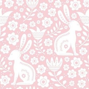 Medium Scale Easter Folk Flowers and Bunny Rabbits Spring Scandi Floral White on Cotton Candy Pink