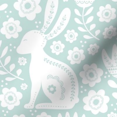 Large Scale Easter Folk Flowers and Bunny Rabbits Spring Scandi Floral White on Seaglass Aqua Mint