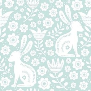 Medium Scale Easter Folk Flowers and Bunny Rabbits Spring Scandi Floral White on Seaglass Aqua Mint