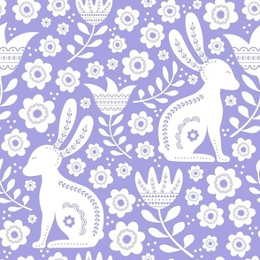 Large Scale Easter Folk Flowers and Bunny Rabbits Spring Scandi Floral White on Lilac Lavender Purple
