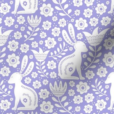 Medium Scale Easter Folk Flowers and Bunny Rabbits Spring Scandi Floral White on Lilac Lavender Purple