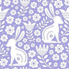 Medium Scale Easter Folk Flowers and Bunny Rabbits Spring Scandi Floral White on Lilac Lavender Purple