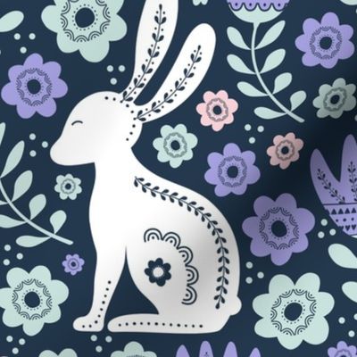 Large Scale Easter Folk Flowers and Bunny Rabbits Spring Scandi Floral on Navy