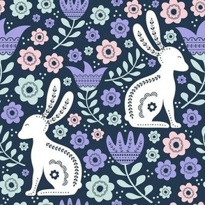 Medium Scale Easter Folk Flowers and Bunny Rabbits Spring Scandi Floral on Navy
