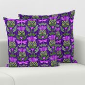 Large Scale Scottish Thistle and Dragonflies Fuchsia Pink and Green on Purple