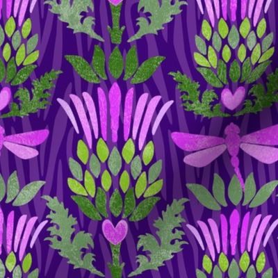 Large Scale Scottish Thistle and Dragonflies Fuchsia Pink and Green on Purple