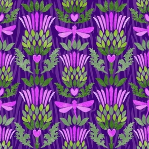 Large Scale Scottish Thistle and Dragonflies Fuchsia Pink and Green on Purple