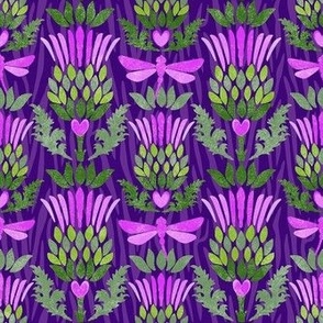 Medium Scale Scottish Thistle and Dragonflies Fuchsia Pink and Green on Purple