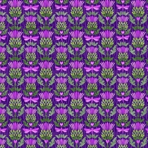 Small Scale Scottish Thistle and Dragonflies Fuchsia Pink and Green on Purple
