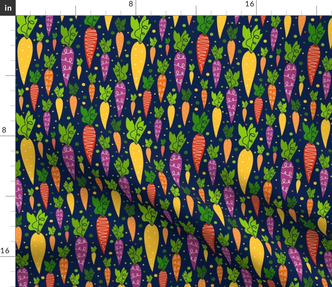 Medium Scale Colorful Carrots on Navy Spring Garden Easter