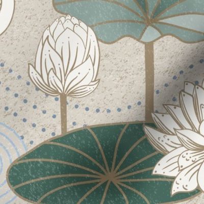 White Lotus Tranquility - cranes, lotus and lilypads - neutral, jumbo