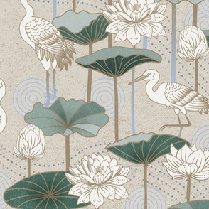 White Lotus Tranquility - cranes, lotus and lilypads - neutral, jumbo
