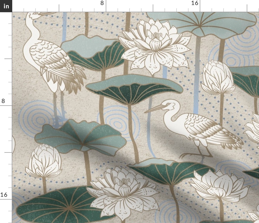 White Lotus Tranquility - cranes, lotus and lilypads - neutral, jumbo